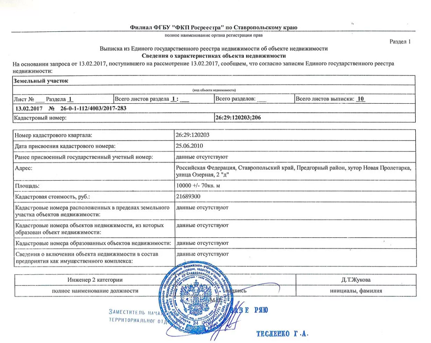 Образец выписки из ЕГРН на объект недвижимости